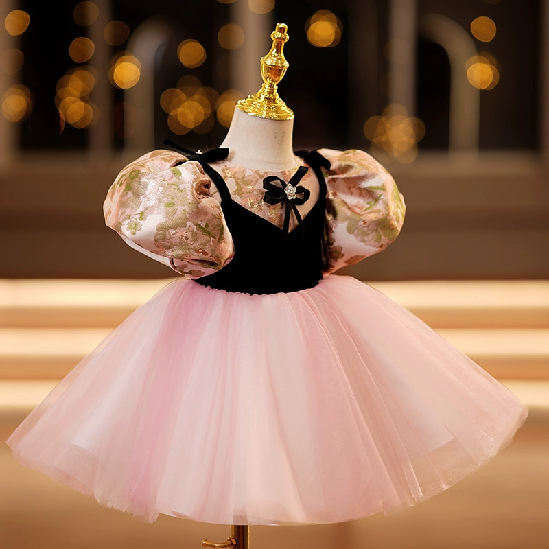 Princess Pink Satin Back Zip Baptism Bow(s) Tea Length Short Sleeve Puff Sleeve Round Flower Girl Dress