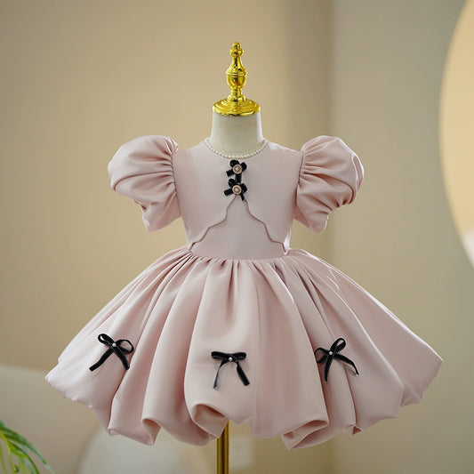 Princess Pink Satin Back Zip Baptism Bowknot Tea Length Short Sleeve Puff Sleeve Round Flower Girl Dress
