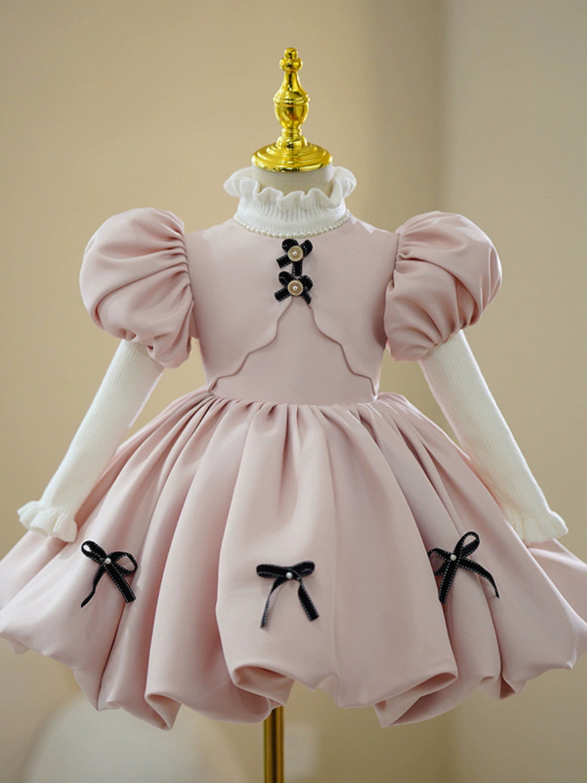 Princess Pink Satin Back Zip Baptism Bowknot Tea Length Short Sleeve Puff Sleeve Round Flower Girl Dress