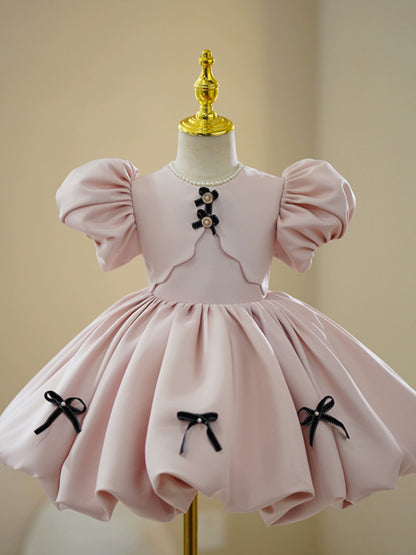 Princess Pink Satin Back Zip Baptism Bowknot Tea Length Short Sleeve Puff Sleeve Round Flower Girl Dress