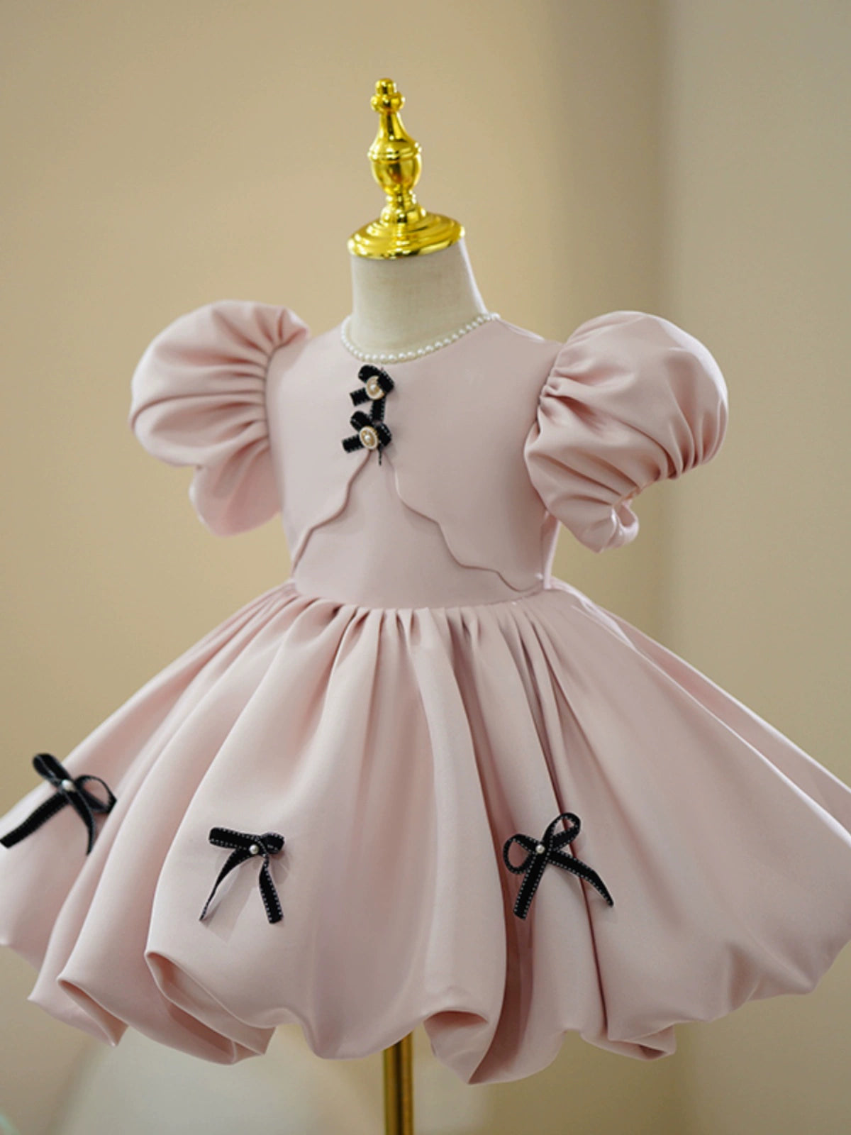 Princess Pink Satin Back Zip Baptism Bowknot Tea Length Short Sleeve Puff Sleeve Round Flower Girl Dress