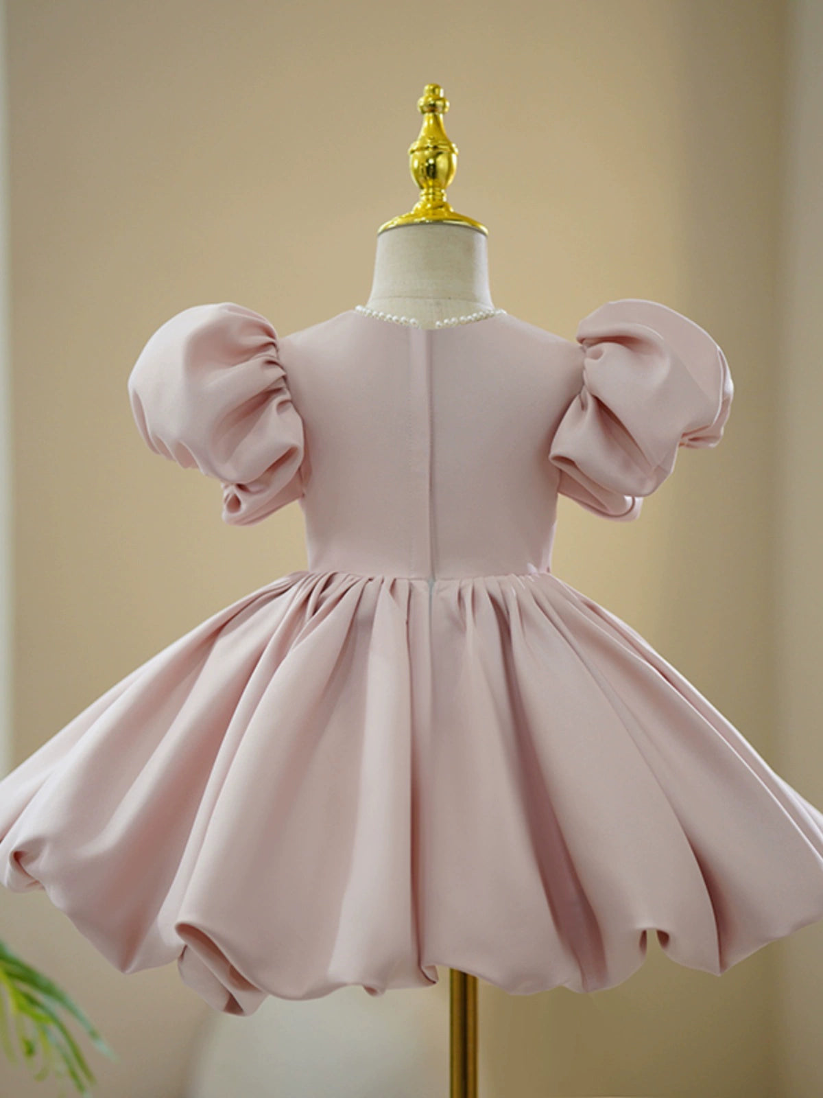 Princess Pink Satin Back Zip Baptism Bowknot Tea Length Short Sleeve Puff Sleeve Round Flower Girl Dress