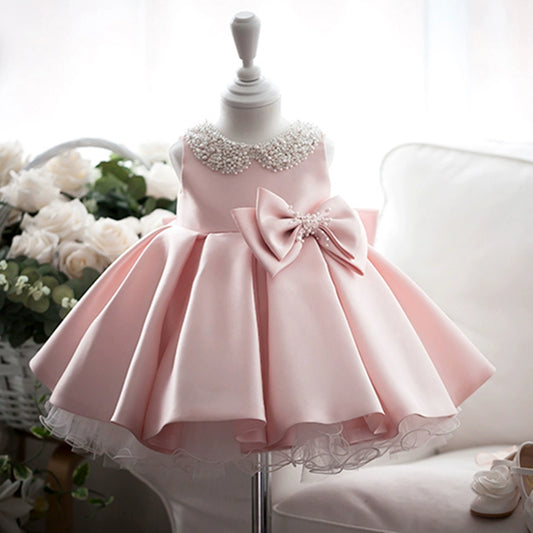 Princess Pink Satin Back Zip Baptism Bowknot Tea Length Sleeveless Round Flower Girl Dress