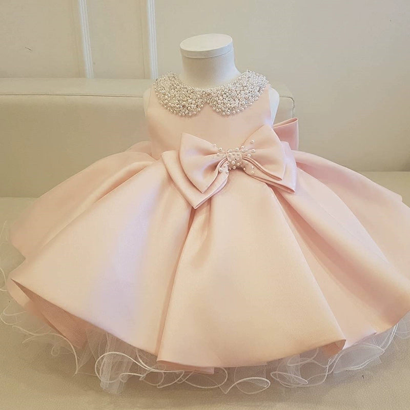 Princess Pink Satin Back Zip Baptism Bowknot Tea Length Sleeveless Round Flower Girl Dress