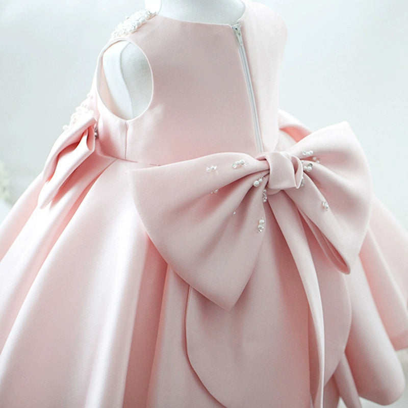 Princess Pink Satin Back Zip Baptism Bowknot Tea Length Sleeveless Round Flower Girl Dress