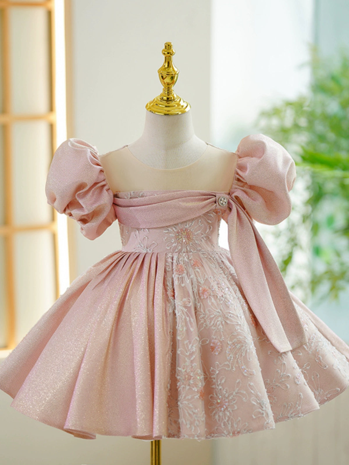 Princess Pink Satin Back Zip Baptism Lace Tea Length Short Sleeve Puff Sleeve Round Flower Girl Dress