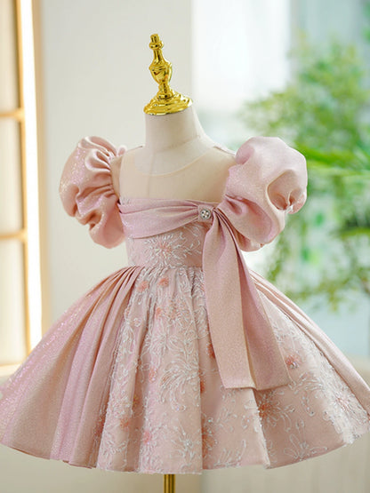 Princess Pink Satin Back Zip Baptism Lace Tea Length Short Sleeve Puff Sleeve Round Flower Girl Dress