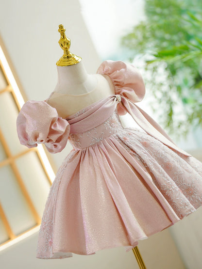 Princess Pink Satin Back Zip Baptism Lace Tea Length Short Sleeve Puff Sleeve Round Flower Girl Dress