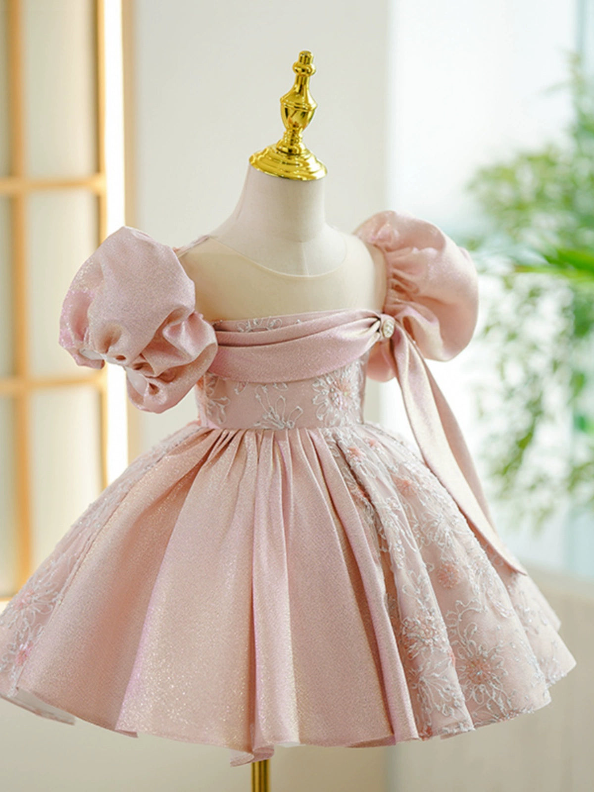 Princess Pink Satin Back Zip Baptism Lace Tea Length Short Sleeve Puff Sleeve Round Flower Girl Dress