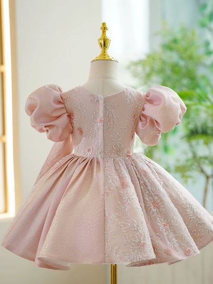 Princess Pink Satin Back Zip Baptism Lace Tea Length Short Sleeve Puff Sleeve Round Flower Girl Dress