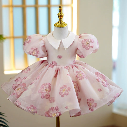 Princess Pink Satin Back Zip Baptism Ruffle Tea Length Short Sleeve Puff Sleeve Collared Neck Flower Girl Dress