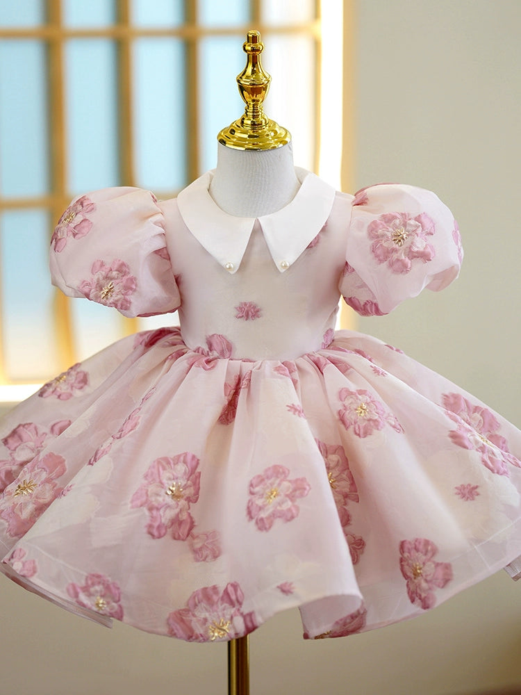 Princess Pink Satin Back Zip Baptism Ruffle Tea Length Short Sleeve Puff Sleeve Collared Neck Flower Girl Dress