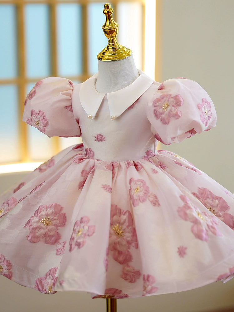 Princess Pink Satin Back Zip Baptism Ruffle Tea Length Short Sleeve Puff Sleeve Collared Neck Flower Girl Dress