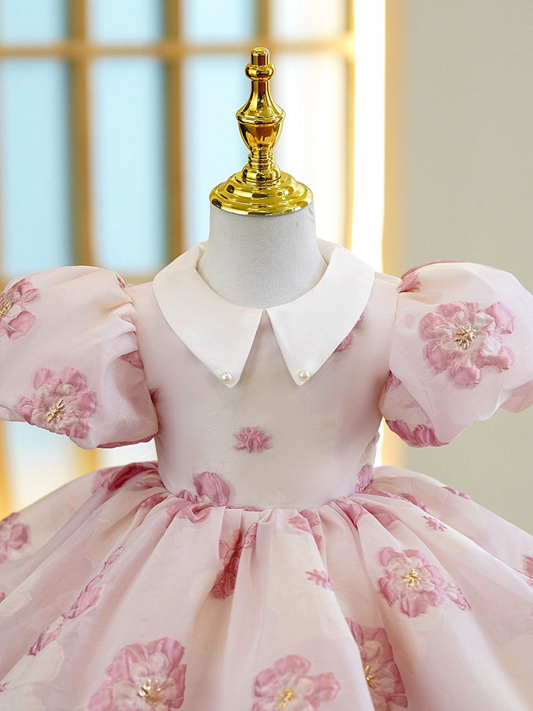 Princess Pink Satin Back Zip Baptism Ruffle Tea Length Short Sleeve Puff Sleeve Collared Neck Flower Girl Dress