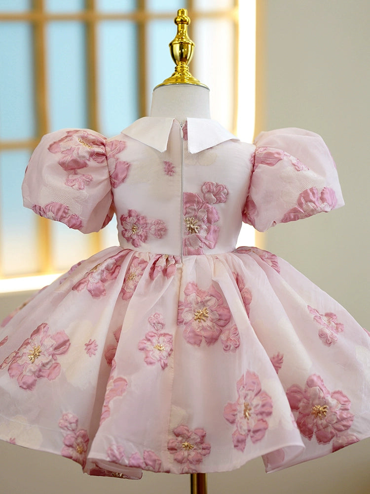 Princess Pink Satin Back Zip Baptism Ruffle Tea Length Short Sleeve Puff Sleeve Collared Neck Flower Girl Dress