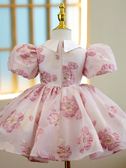 Princess Pink Satin Back Zip Baptism Ruffle Tea Length Short Sleeve Puff Sleeve Collared Neck Flower Girl Dress