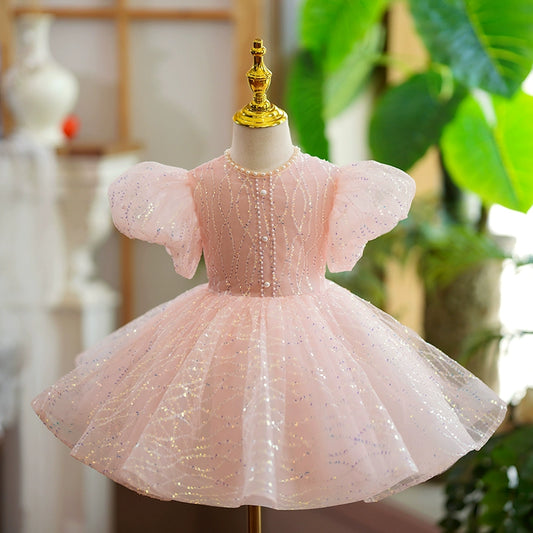 Princess Pink Sequined Back Zip Baptism Beaded Tea Length Short Sleeve Puff Sleeve Jewel Neck Flower Girl Dress