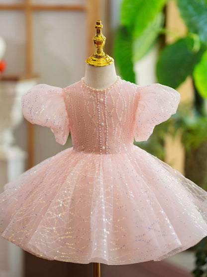 Princess Pink Sequined Back Zip Baptism Beaded Tea Length Short Sleeve Puff Sleeve Jewel Neck Flower Girl Dress