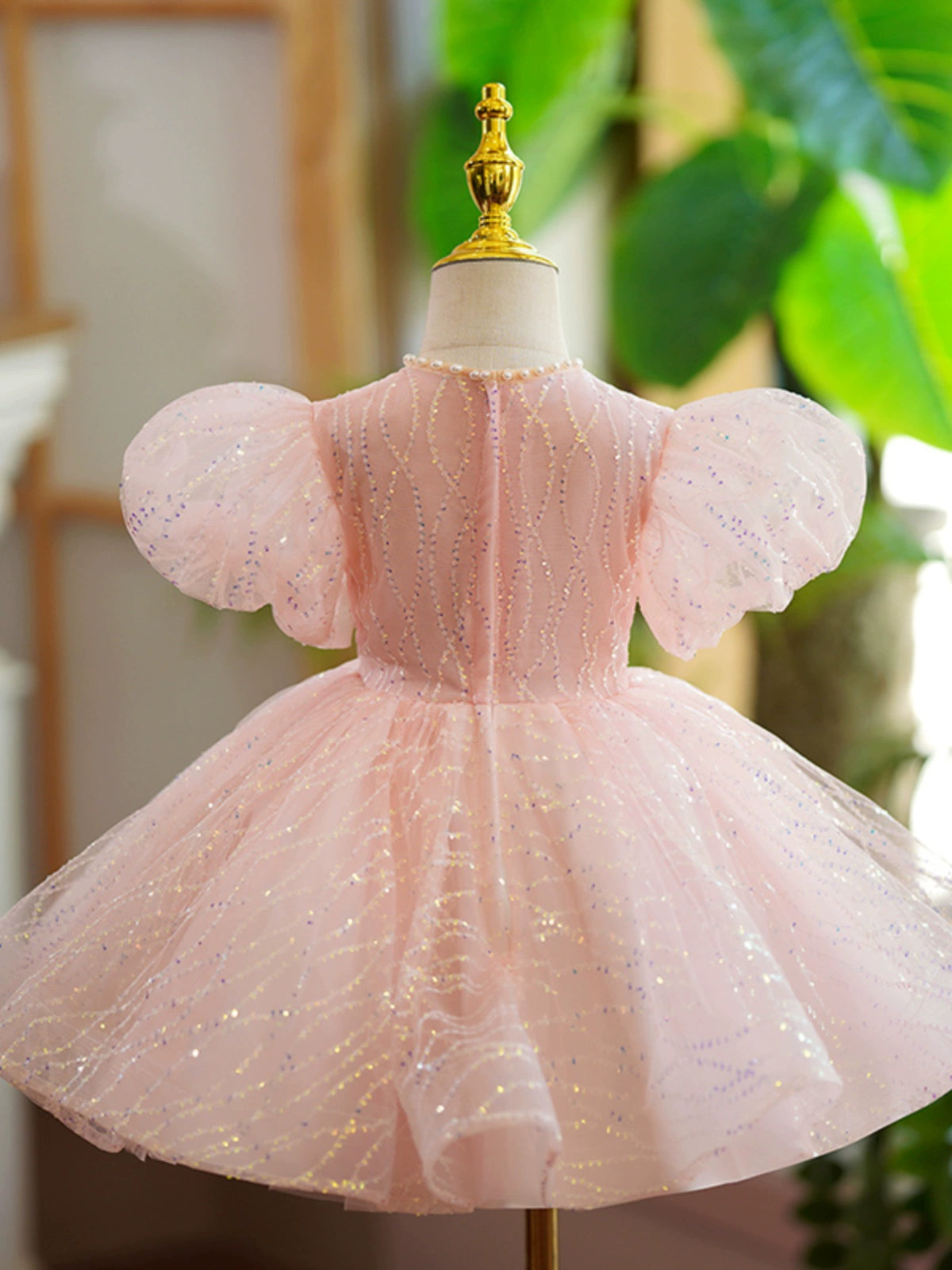 Princess Pink Sequined Back Zip Baptism Beaded Tea Length Short Sleeve Puff Sleeve Jewel Neck Flower Girl Dress