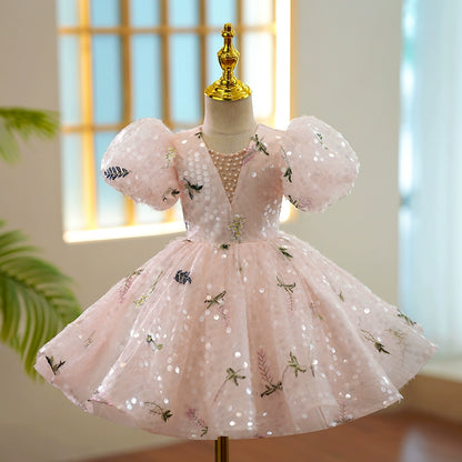 Princess Pink Sequined Back Zip Baptism Beaded Tea Length Short Sleeve Puff Sleeve V-Neck Flower Girl Dress