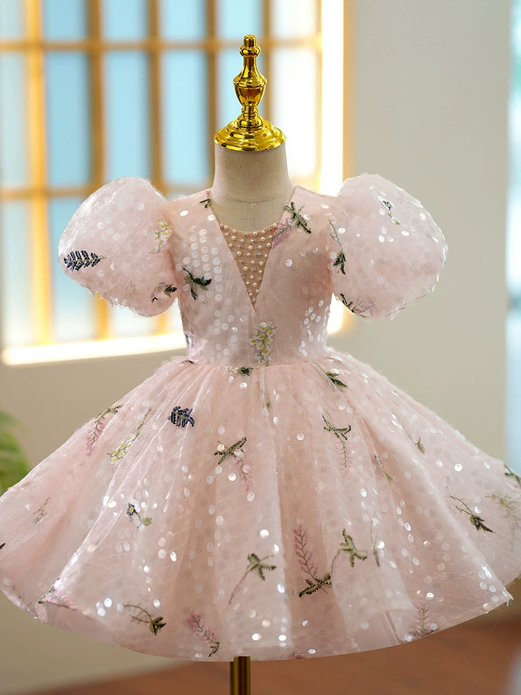 Princess Pink Sequined Back Zip Baptism Beaded Tea Length Short Sleeve Puff Sleeve V-Neck Flower Girl Dress