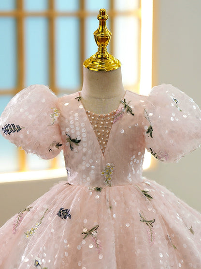 Princess Pink Sequined Back Zip Baptism Beaded Tea Length Short Sleeve Puff Sleeve V-Neck Flower Girl Dress