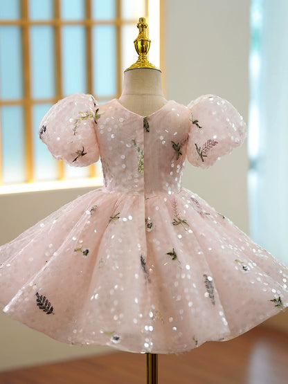 Princess Pink Sequined Back Zip Baptism Beaded Tea Length Short Sleeve Puff Sleeve V-Neck Flower Girl Dress