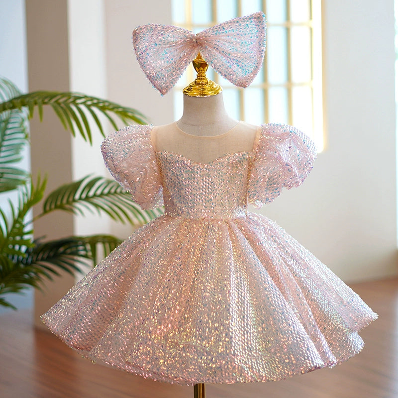 Princess Pink Sequined Back Zip Baptism Sequin Tea Length Short Sleeve Lantern Sleeve Round Flower Girl Dress