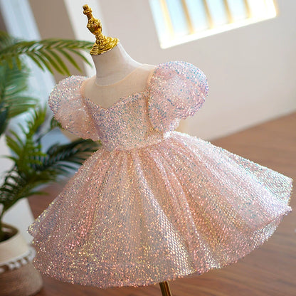 Princess Pink Sequined Back Zip Baptism Sequin Tea Length Short Sleeve Lantern Sleeve Round Flower Girl Dress