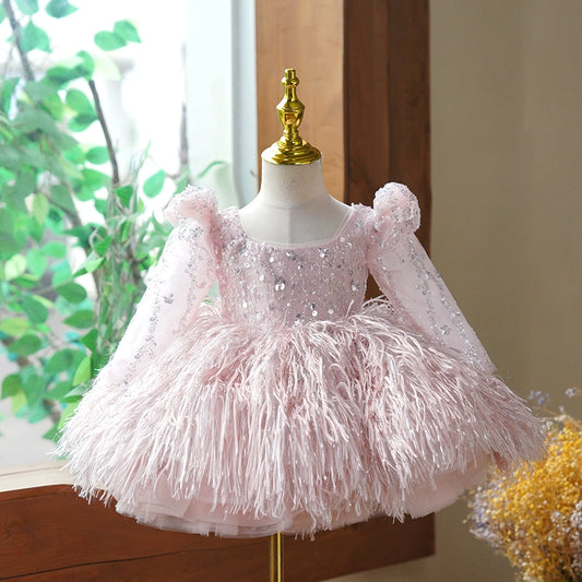 Princess Pink Sequined Back Zip Baptism Sequin Tea Length Short Sleeve Lantern Sleeve Square Flower Girl Dress
