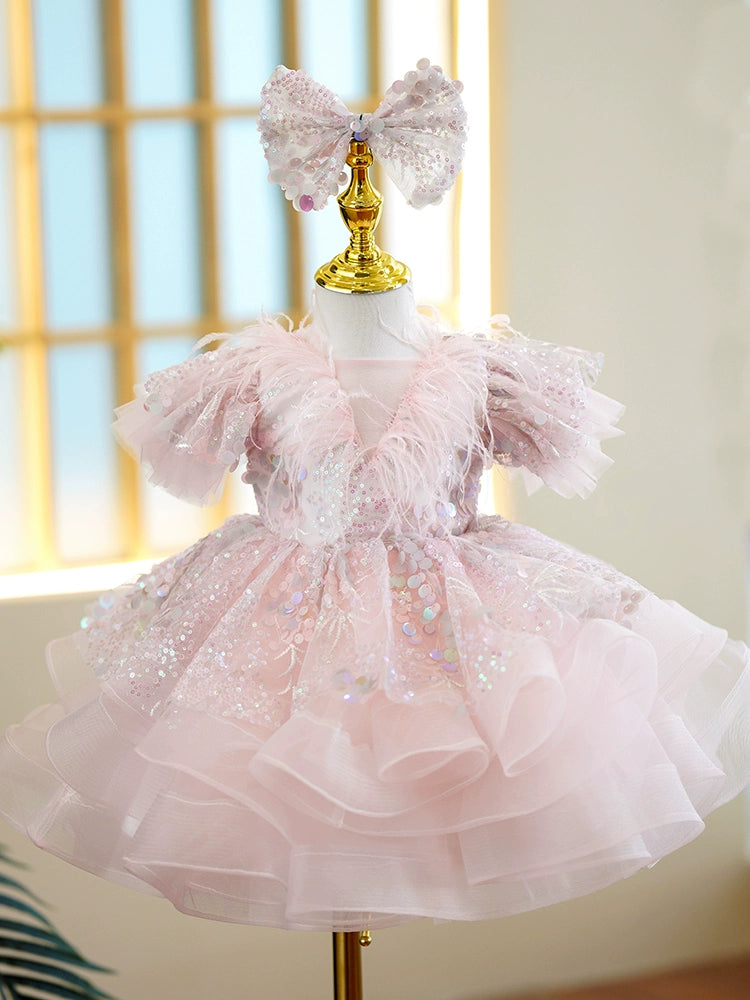 Princess Pink Sequined Back Zip Baptism Sequin Tea Length Short Sleeve Puff Sleeve Round Flower Girl Dress