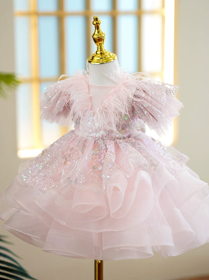 Princess Pink Sequined Back Zip Baptism Sequin Tea Length Short Sleeve Puff Sleeve Round Flower Girl Dress