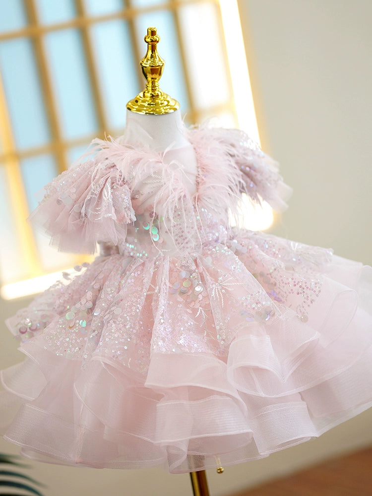 Princess Pink Sequined Back Zip Baptism Sequin Tea Length Short Sleeve Puff Sleeve Round Flower Girl Dress