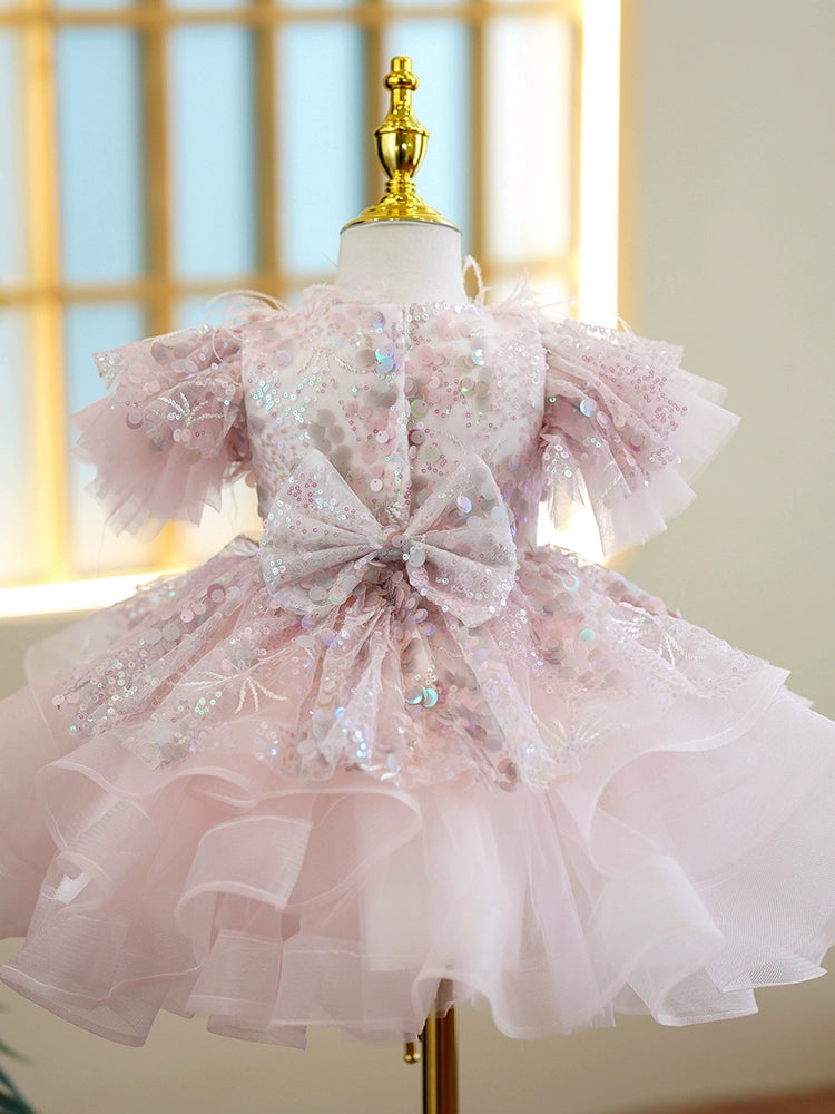 Princess Pink Sequined Back Zip Baptism Sequin Tea Length Short Sleeve Puff Sleeve Round Flower Girl Dress