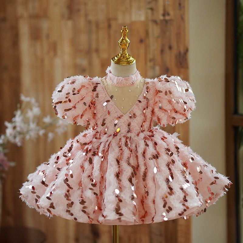 Princess Pink Sequined Back Zip Baptism Sequins Tea Length Short Sleeve Puff Sleeve Mock Neck Flower Girl Dress