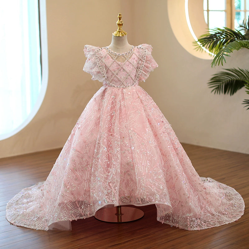 Princess Pink Sequined Crossed Straps Baptism Beaded Floor Length Short Sleeve Cap Sleeve Round Flower Girl Dress