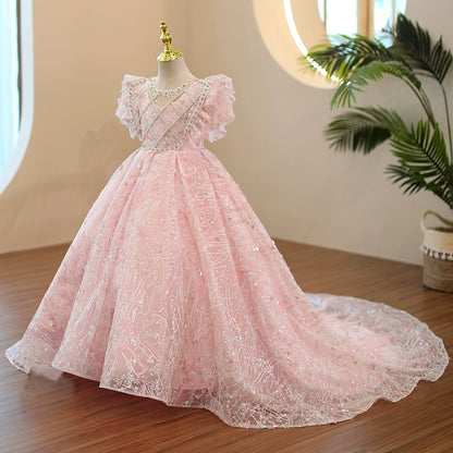 Princess Pink Sequined Crossed Straps Baptism Beaded Floor Length Short Sleeve Cap Sleeve Round Flower Girl Dress