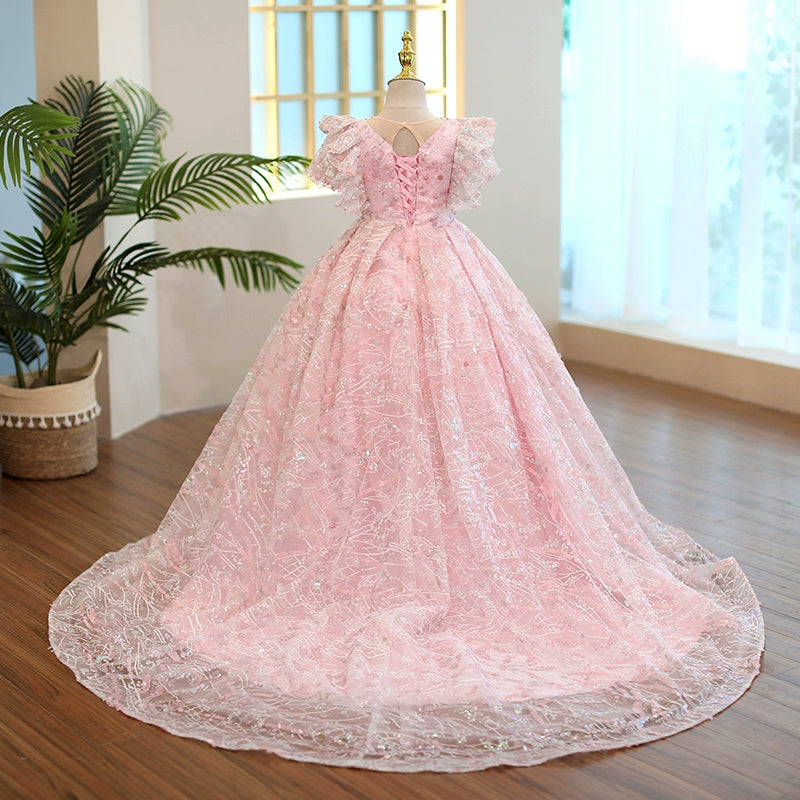 Princess Pink Sequined Crossed Straps Baptism Beaded Floor Length Short Sleeve Cap Sleeve Round Flower Girl Dress