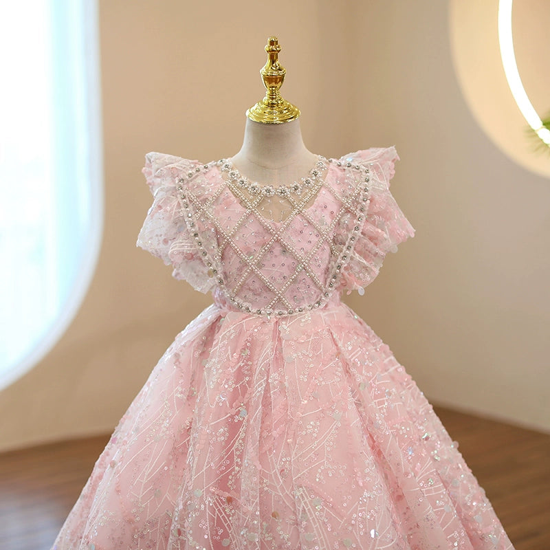 Princess Pink Sequined Crossed Straps Baptism Beaded Floor Length Short Sleeve Cap Sleeve Round Flower Girl Dress