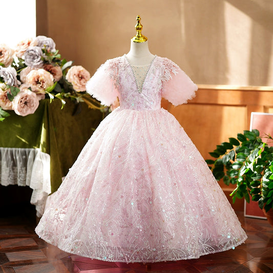 Princess Pink Sequined Crossed Straps Baptism Lace Floor Length Short Sleeve Puff Sleeve V-Neck Flower Girl Dress