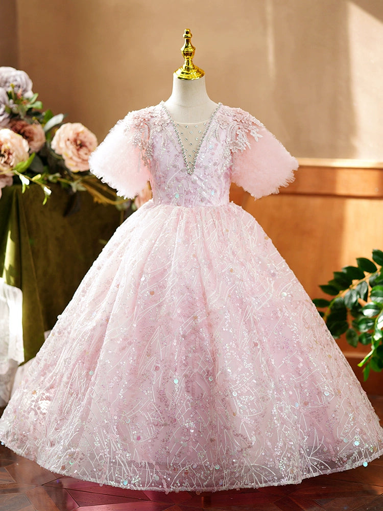 Princess Pink Sequined Crossed Straps Baptism Lace Floor Length Short Sleeve Puff Sleeve V-Neck Flower Girl Dress