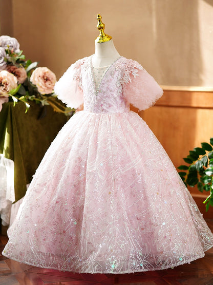 Princess Pink Sequined Crossed Straps Baptism Lace Floor Length Short Sleeve Puff Sleeve V-Neck Flower Girl Dress