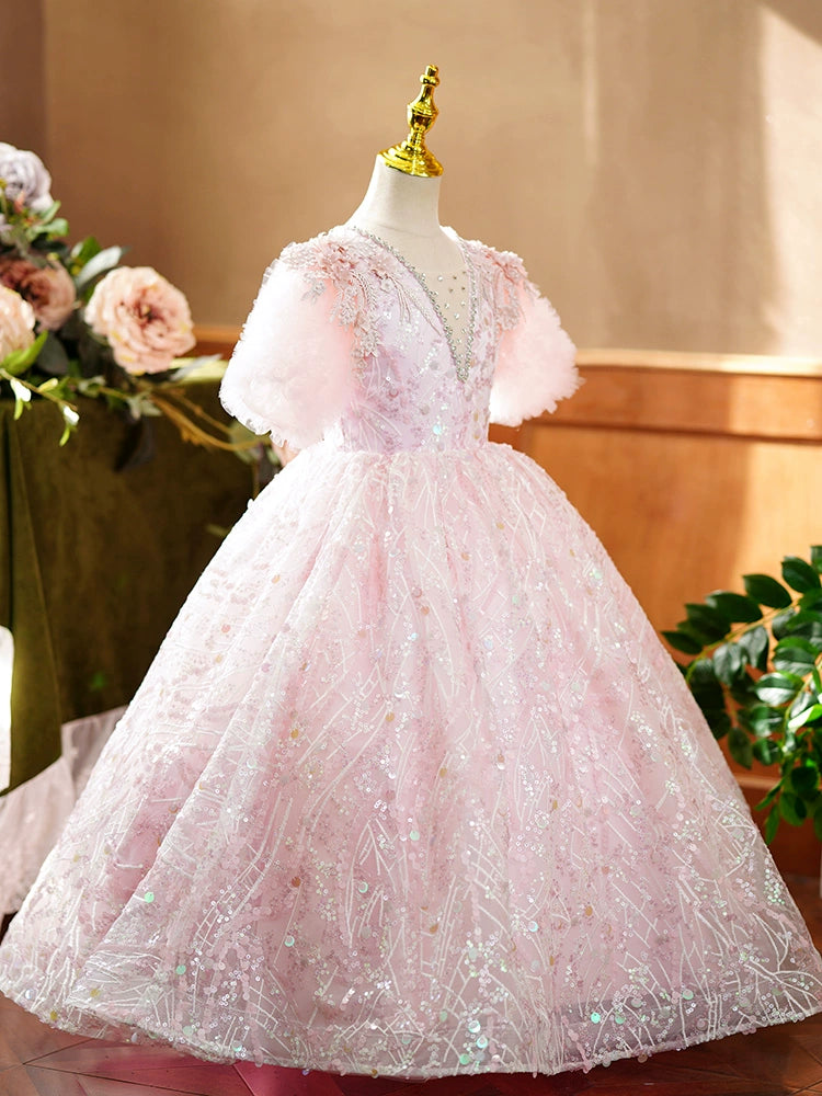 Princess Pink Sequined Crossed Straps Baptism Lace Floor Length Short Sleeve Puff Sleeve V-Neck Flower Girl Dress