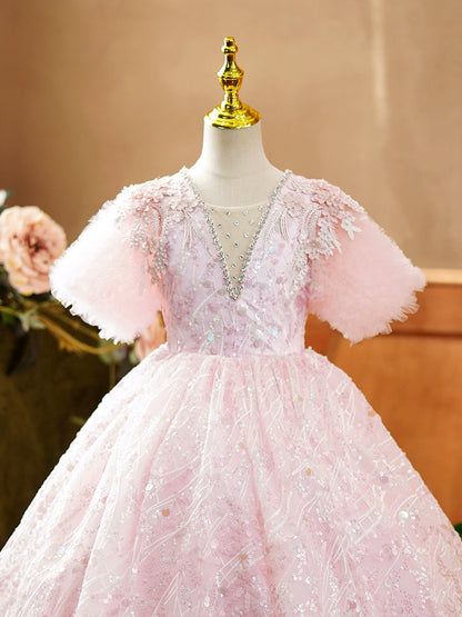 Princess Pink Sequined Crossed Straps Baptism Lace Floor Length Short Sleeve Puff Sleeve V-Neck Flower Girl Dress