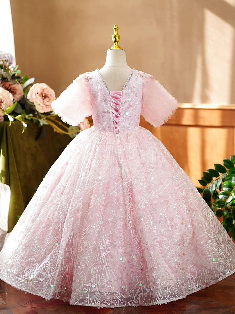 Princess Pink Sequined Crossed Straps Baptism Lace Floor Length Short Sleeve Puff Sleeve V-Neck Flower Girl Dress