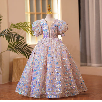 Princess Pink Sequined Crossed Straps Baptism Sequin Floor Length Short Sleeve Puff Sleeve V-Neck Flower Girl Dress