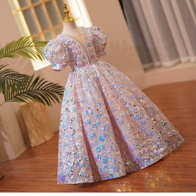 Princess Pink Sequined Crossed Straps Baptism Sequin Floor Length Short Sleeve Puff Sleeve V-Neck Flower Girl Dress