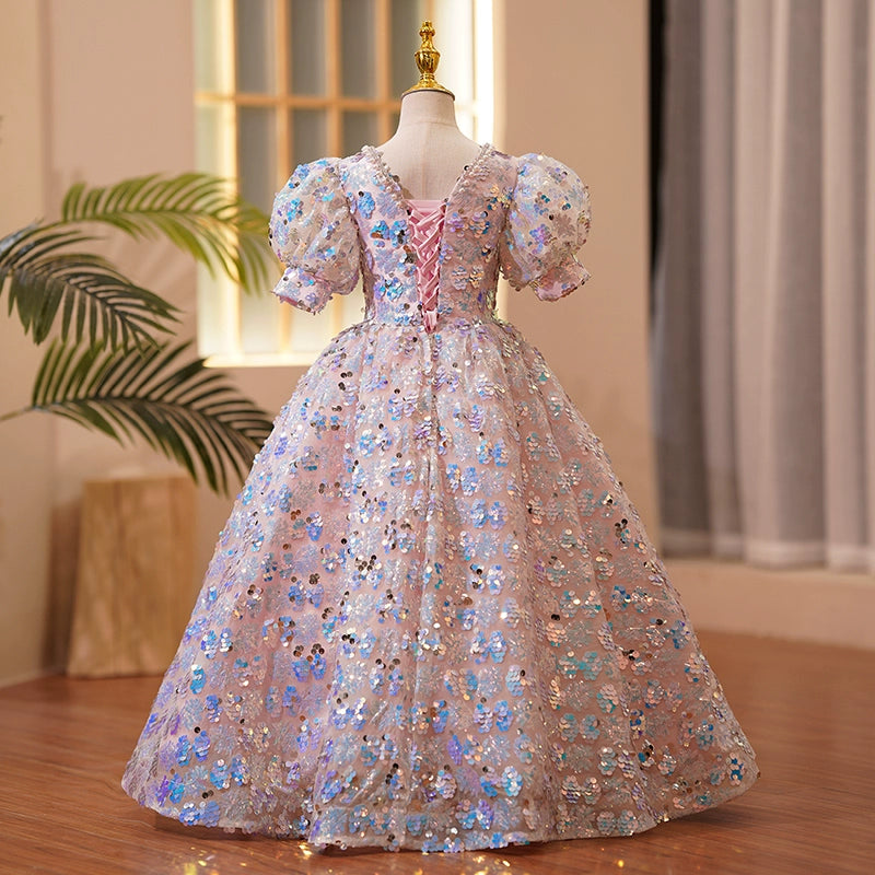 Princess Pink Sequined Crossed Straps Baptism Sequin Floor Length Short Sleeve Puff Sleeve V-Neck Flower Girl Dress