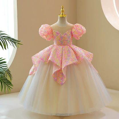 Princess Pink Sequined Crossed Straps Baptism Sequins Floor Length Short Sleeve Puff Sleeve Round Flower Girl Dress