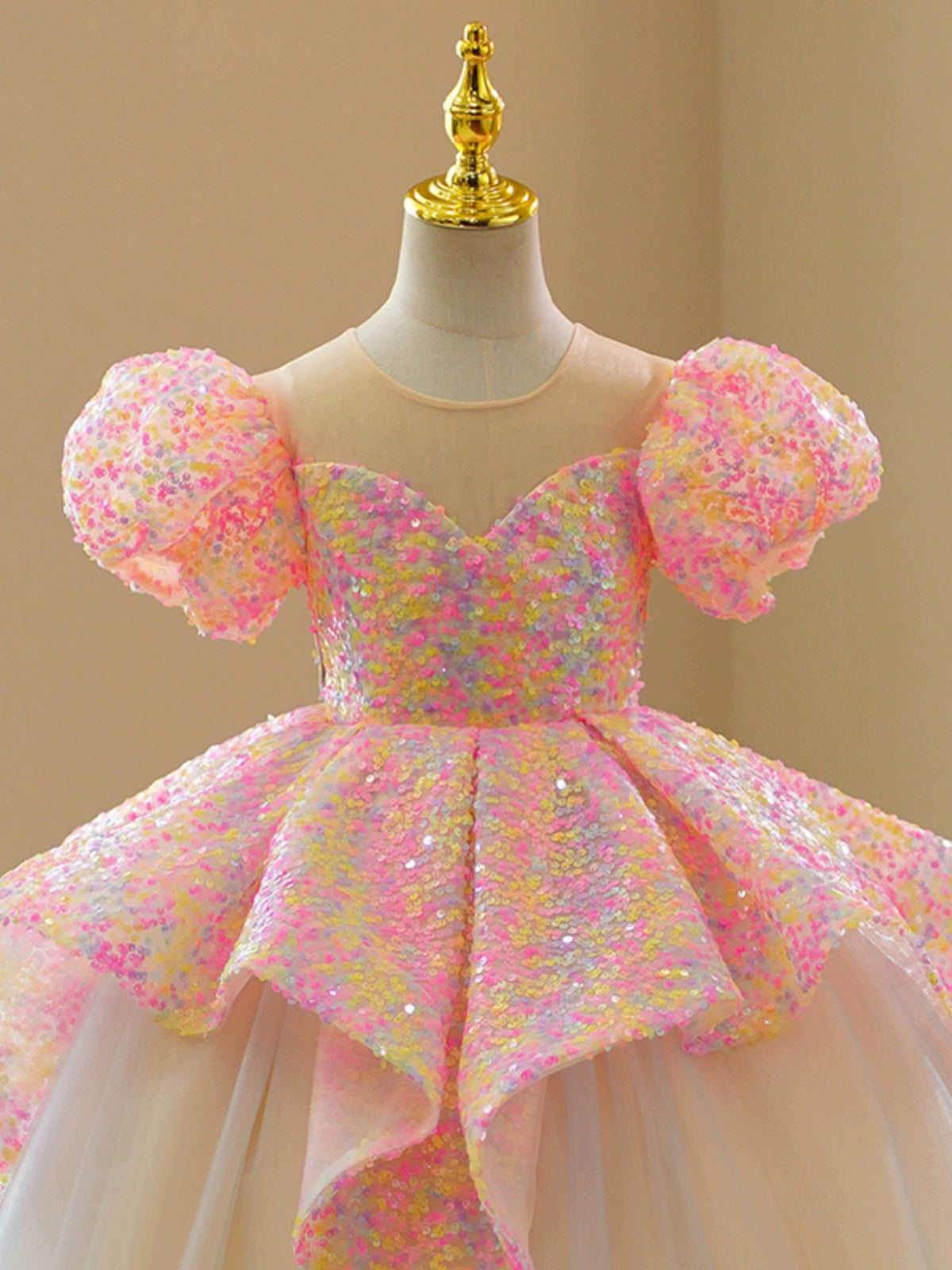 Princess Pink Sequined Crossed Straps Baptism Sequins Floor Length Short Sleeve Puff Sleeve Round Flower Girl Dress